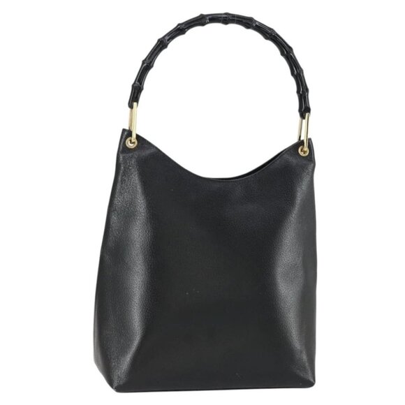 GUCCI Bamboo Hand Bag Leather Black Gold 001